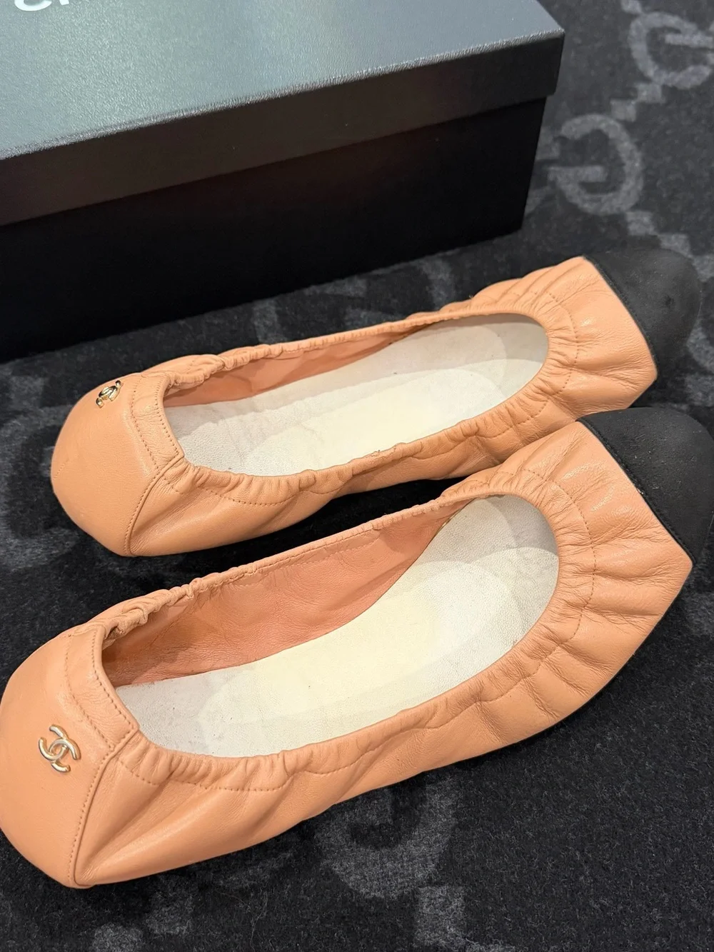 CHANEL Peach Leather Ballet Flats with CC Toe Accent